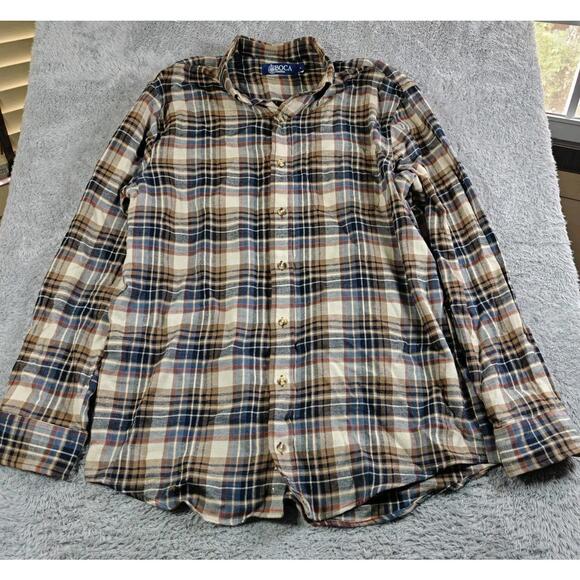 Boca Classics Mens Long Sleeve Large L Flannel Button Up Shirt Plaid Brown Tan - Picture 1 of 5